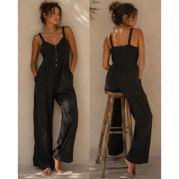 Old Navy Pants - Old Navy Black Linen Blend Wide Leg Jumpsuit Large Smocked Back V-Neck Pocket